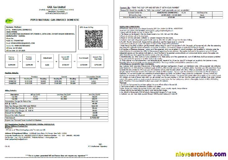 India Gail Gas utility bill, 2 pages